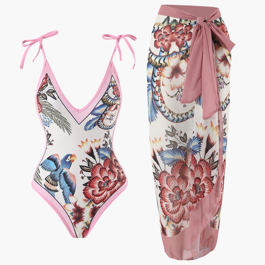 Badeanzug-Set für Damen - mit Blumenmuster und Pareo-Überwurf