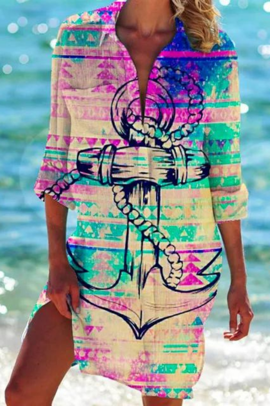 Heidi - Lange Strandbluse mit Meeresmotiv