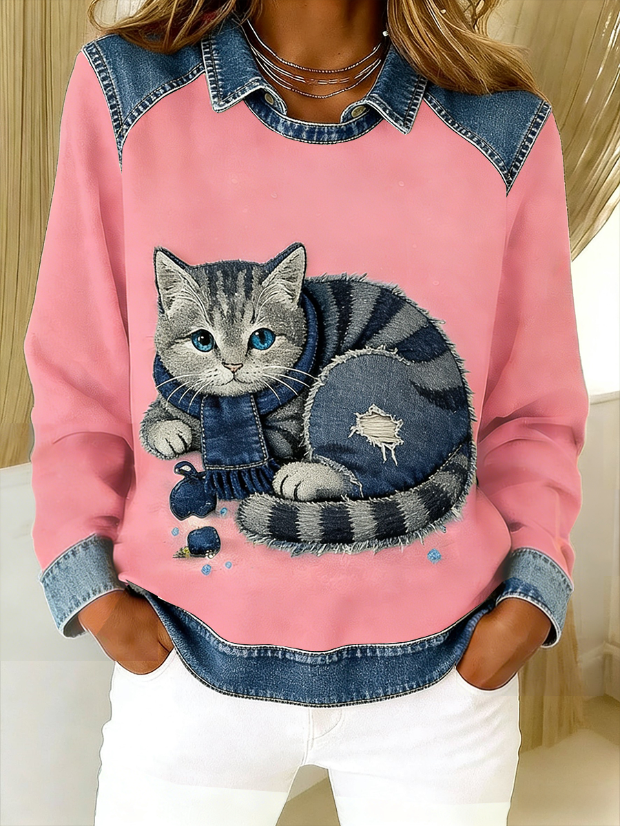 Eponin – Retro Katzen Jeansstoff Flickwerk Sweatshirt