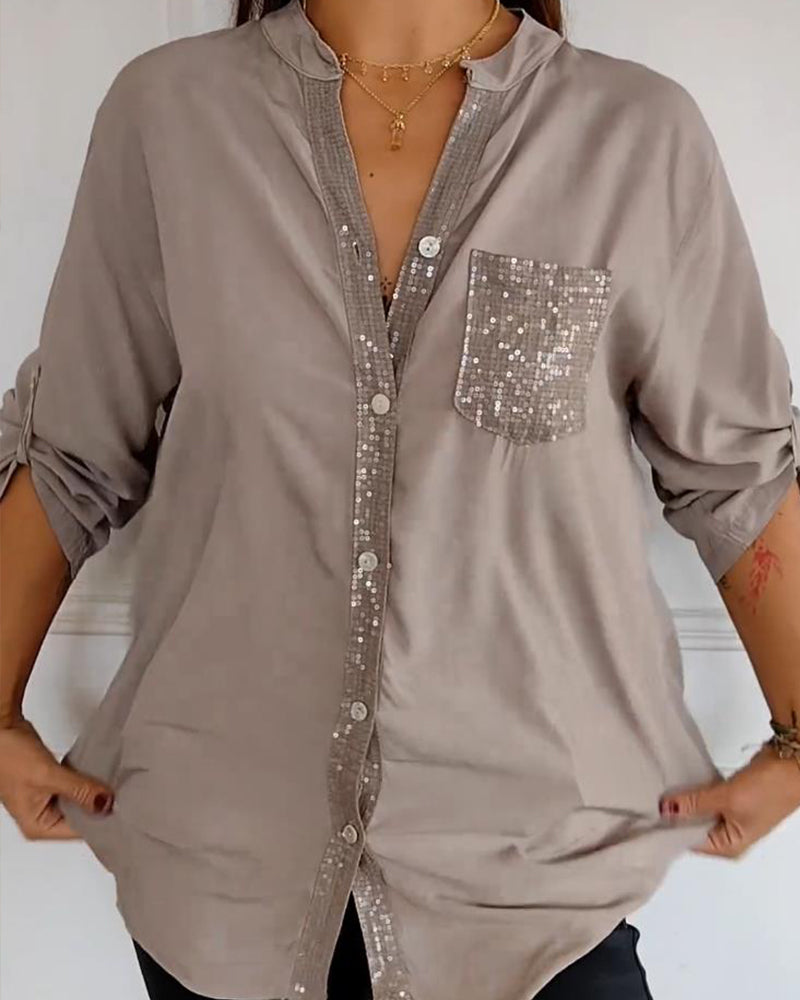 Amelia - Schicke Bluse mit Knopfleiste und Paillettenbesatz für Damen | Elegante Langarmbluse mit Paillettentasche