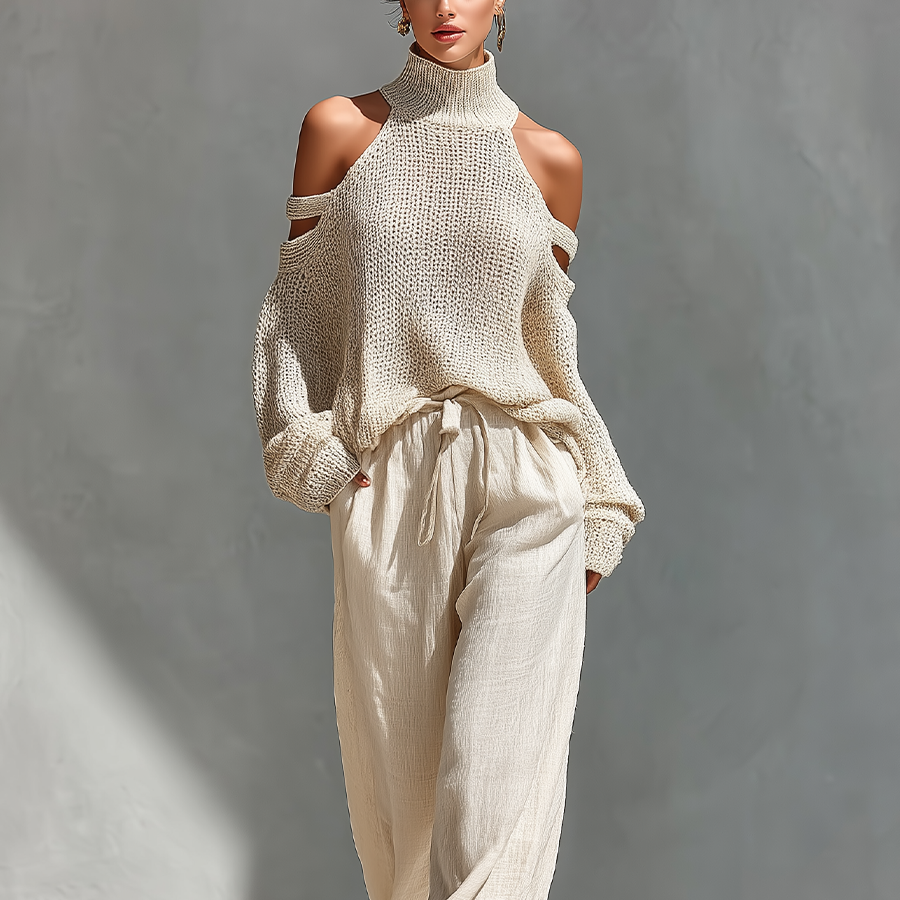 Set aus einem gestrickten Damen-Rollkragenpullover mit Cold-Shoulder-Ausschnitt und einer Hose mit weitem Bein