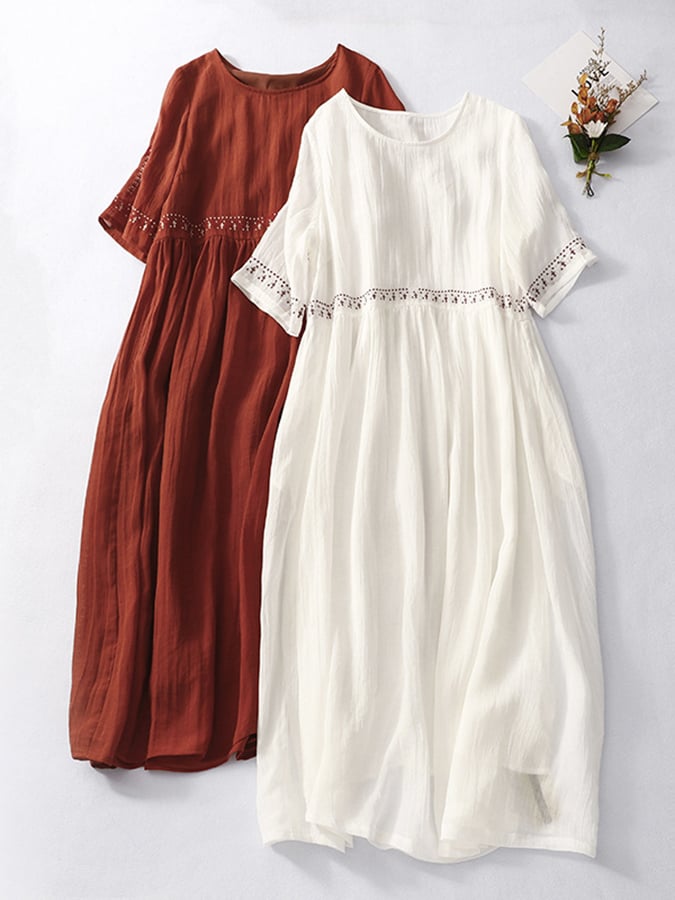 Helene | Damen Besticktes Baumwoll-Leinen Kleid