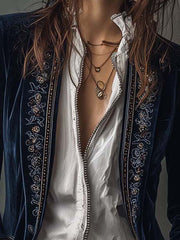 FEDERICA | LANGE VINTAGE-JACKE AUS MARINEBLAUEM SAMT MIT STICKEREIEN
