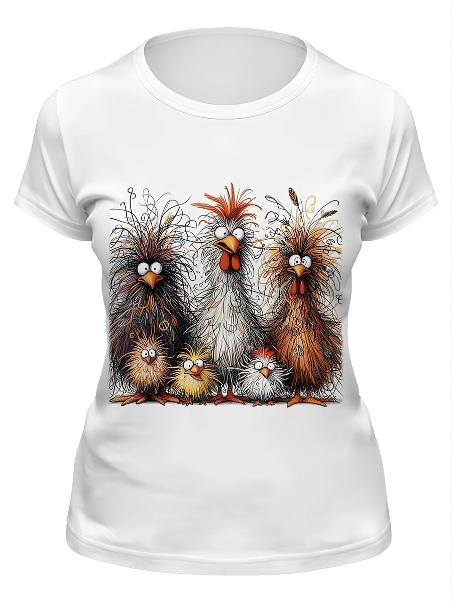 Heidi-Mode | Damen T-Shirt Sommershirt mit Hühnerdruck, Rundhalsausschnitt, Kurze Ärmel, Lässig und Komfortabel