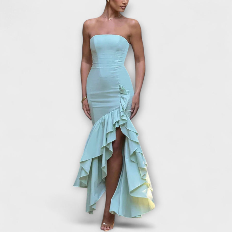 Zuri - Asymmetrisches Off-Shoulder Maxi-Kleid in Slim Fit
