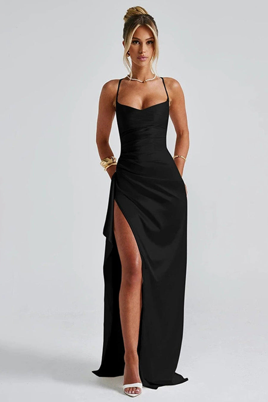 Damenkleid aus Satin mit V-Ausschnitt und langen Ärmeln – Elegant für Abend & Anlass