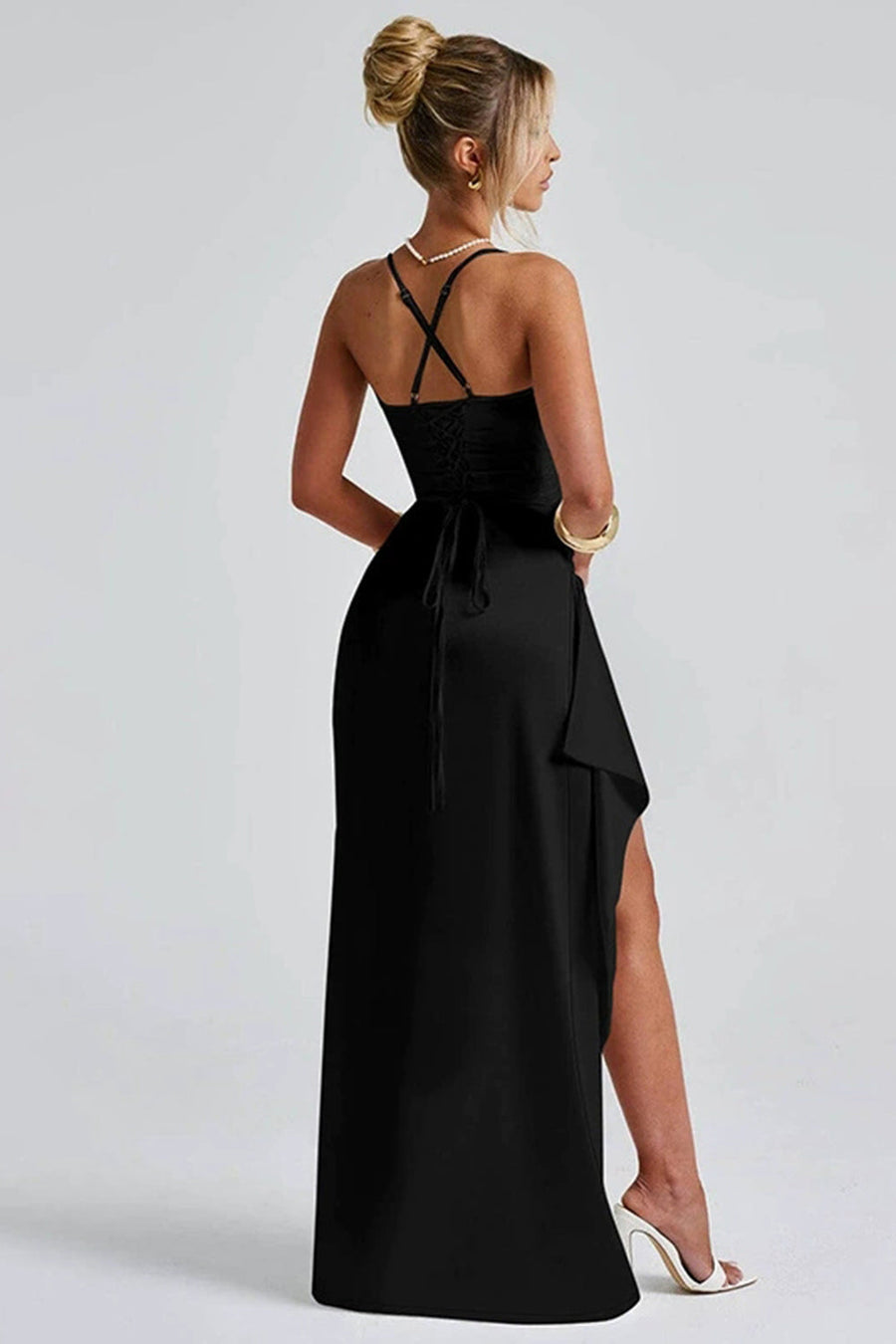 Damenkleid aus Satin mit V-Ausschnitt und langen Ärmeln – Elegant für Abend & Anlass