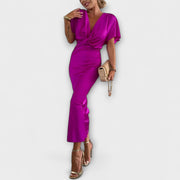 Sable - V-Ausschnitt Maxikleid mit Kreuzknoten und figurbetonter Passform aus hochwertigem Satin
