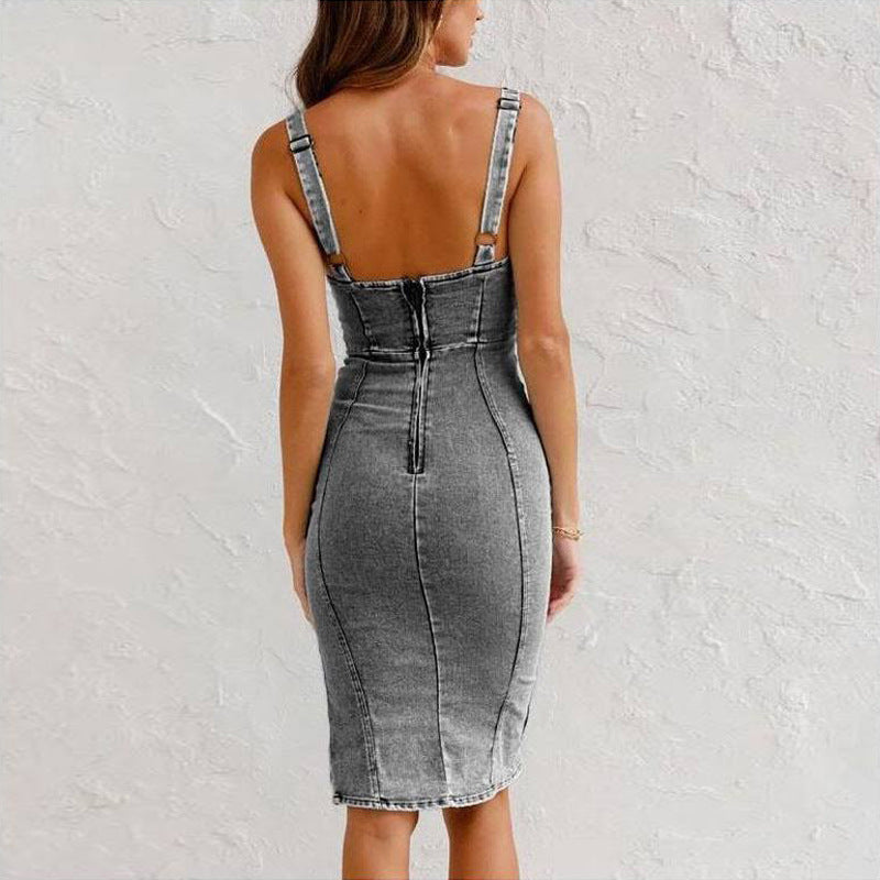 Damen Jeans Midikleid mit Reißverschluss und Schlitz