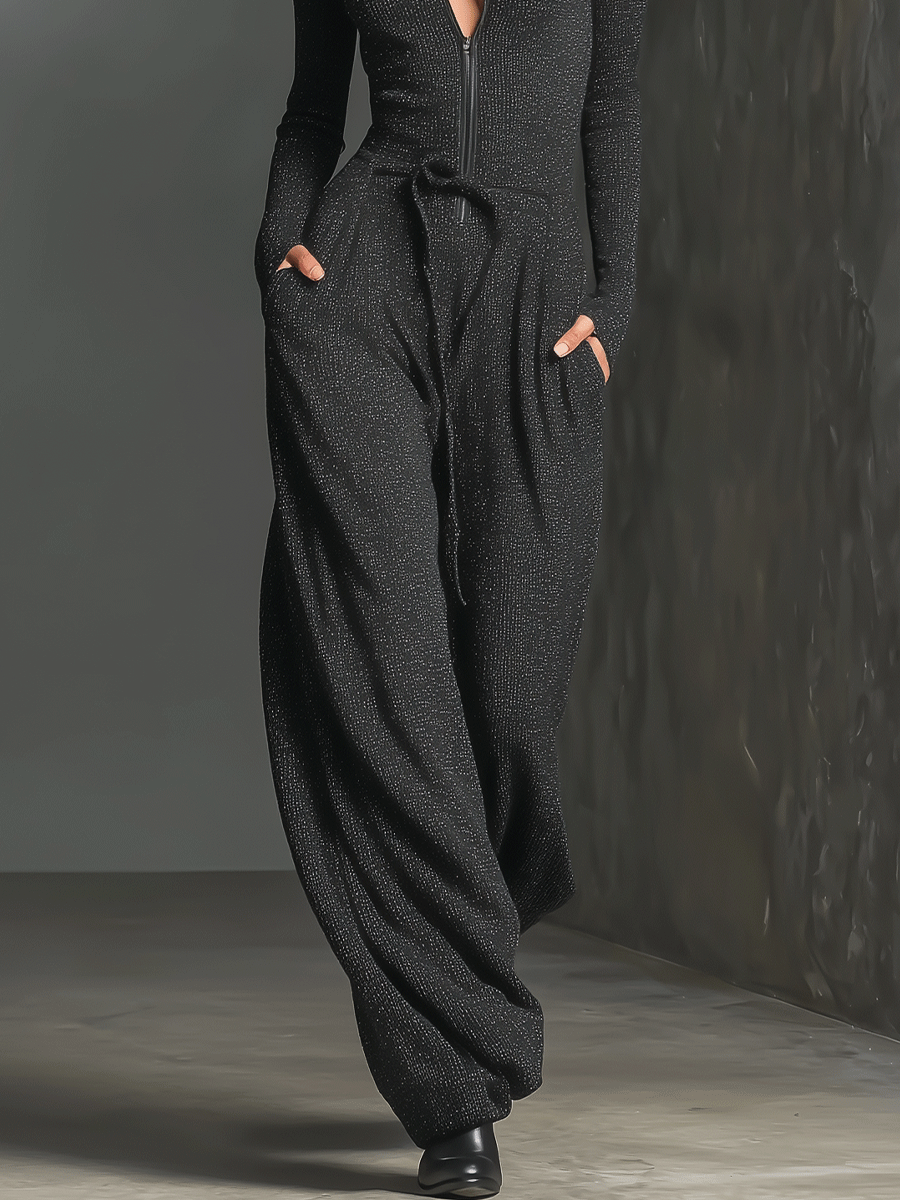 Glitzernder Strick-Jumpsuit mit weitem Bein für Damen | Reißverschluss vorne