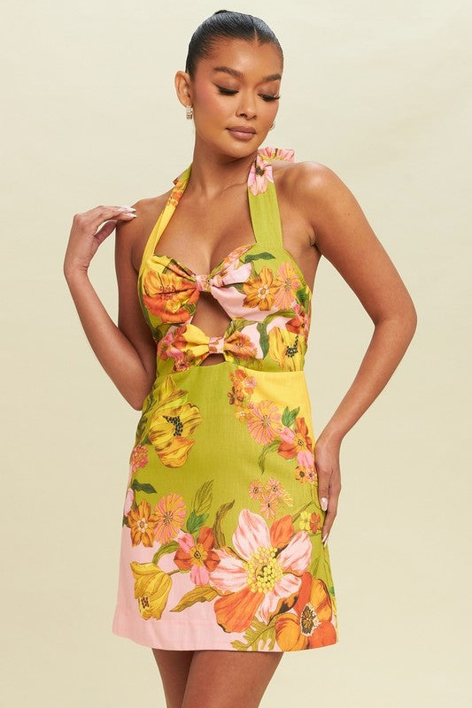 Warteliste 31.07. ♥ dules neckholder-Minikleid mit Ausschnitt und blumendruck in grün