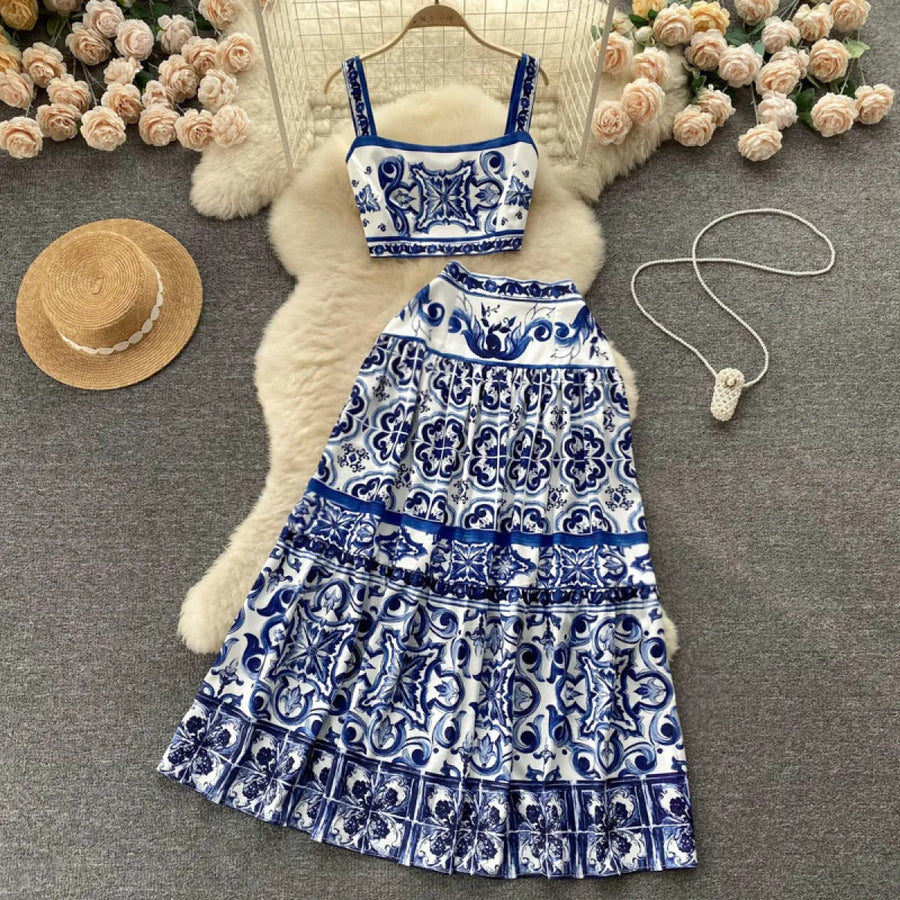 Zweiteiliges Damenset mit sommerlichem Barockdruck aus Satin - Eleonora