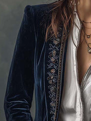 FEDERICA | LANGE VINTAGE-JACKE AUS MARINEBLAUEM SAMT MIT STICKEREIEN