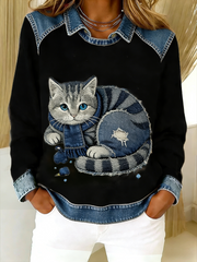 Eponin – Retro Katzen Jeansstoff Flickwerk Sweatshirt