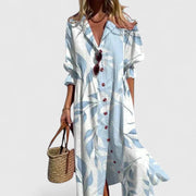 Edith | Damen Blumen Knopfleiste Vorne Midi Kleid