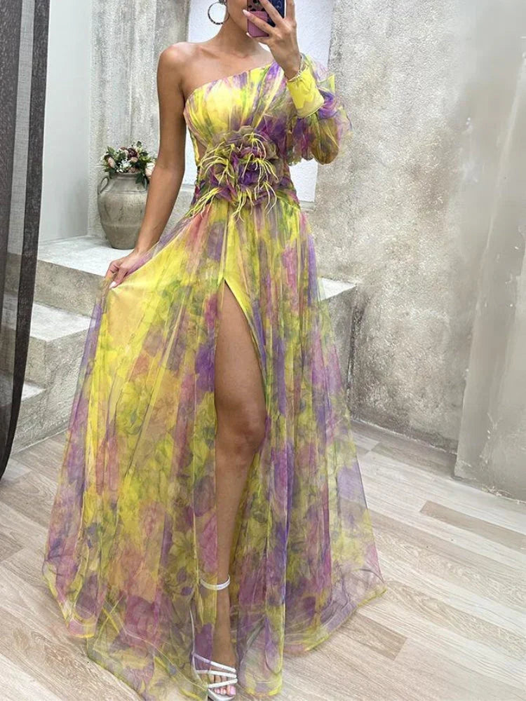 Maxi-Kleid Rosea Asymmetrischer Blumendruck