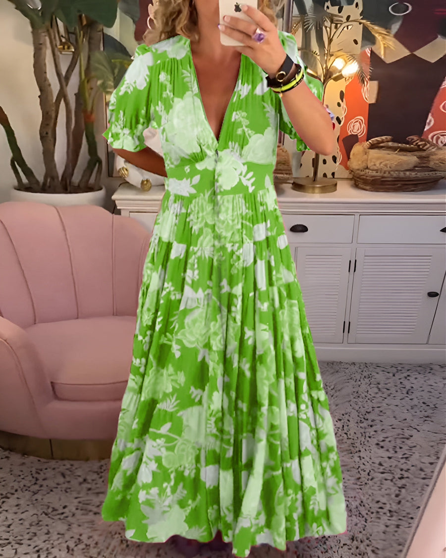 Carine | Kleid mit V-Ausschnitt und Blumenmuster mit Tasche