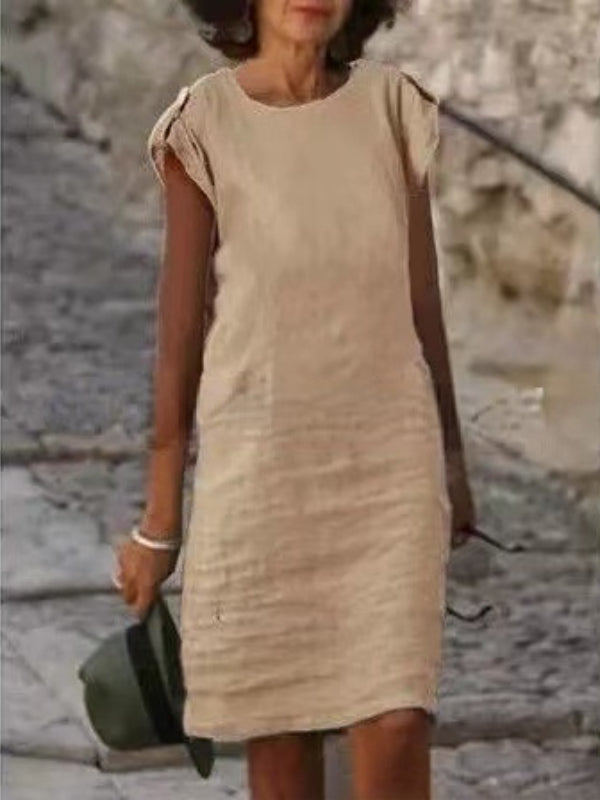 Heidi-Mode | Midikleid für Frauen In Farbenfrohem Baumwoll-Leinen Ohne Ärmel mit Rundem Ausschnitt