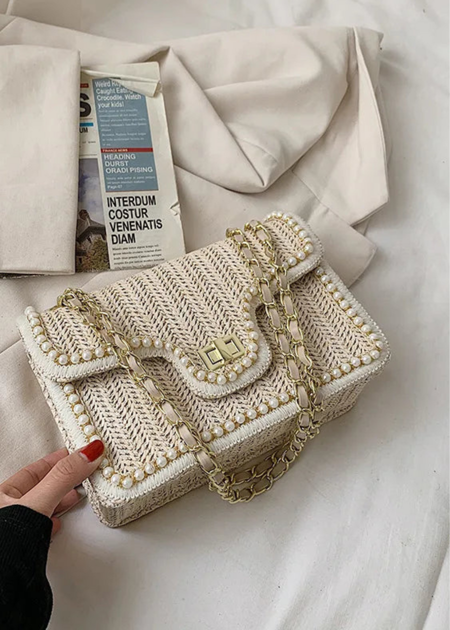 Rattan Handtasche Damen – Boho Stil mit Perlendetail