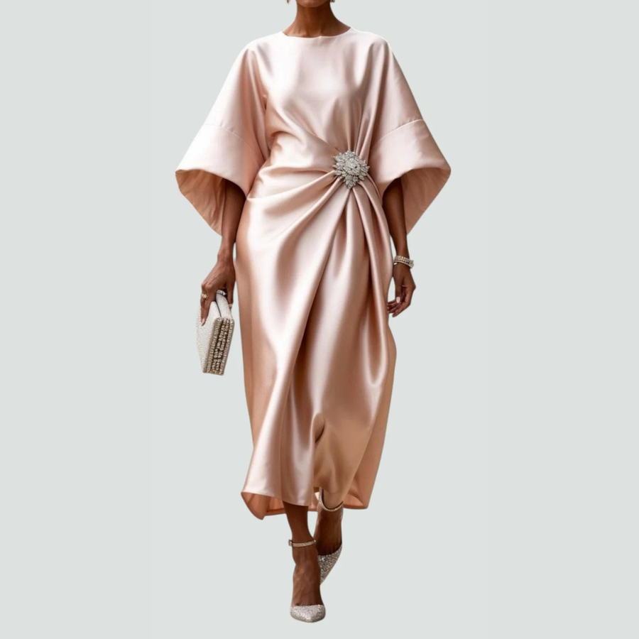 Michaela | Damen Drapiertes Fledermausärmel Midi Kleid