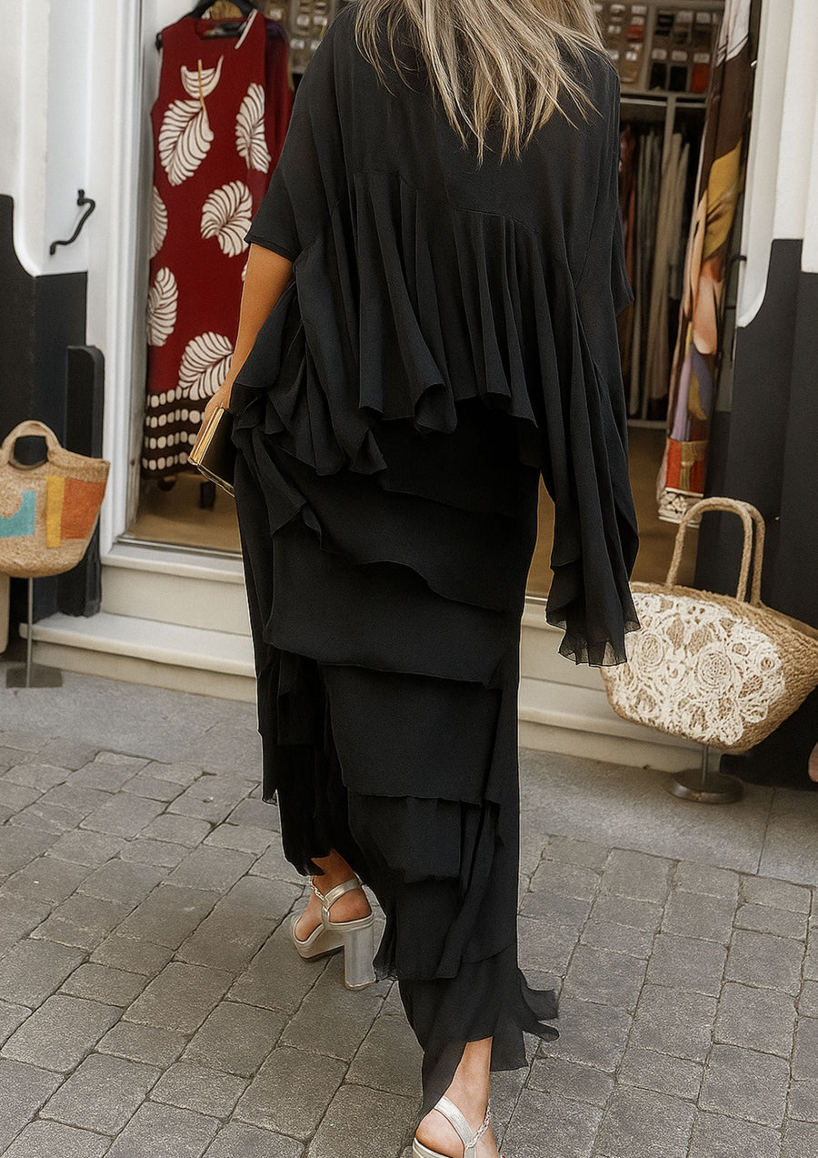 Amara Asymmetrisches Maxi-Kleid mit Lagen und Volants | Schwarz