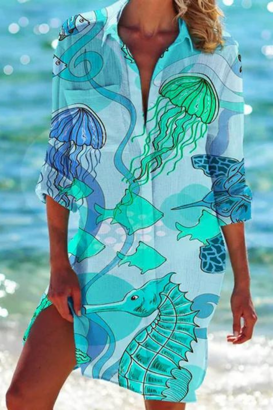Heidi - Lange Strandbluse mit Meeresmotiv