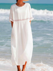 Helene | Damen Besticktes Baumwoll-Leinen Kleid