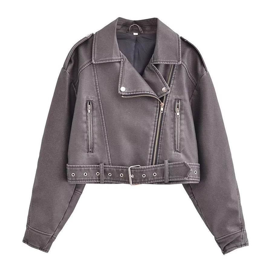 Heidi-Mode | Damen PU Motorradjacke mit Reißverschluss und Gürtel