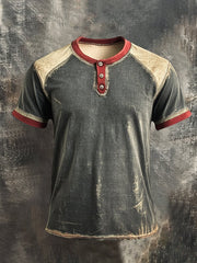 Herren T-Hemd Mit Henley Kragen Retro Farbblock Und Kurzen Ärmeln