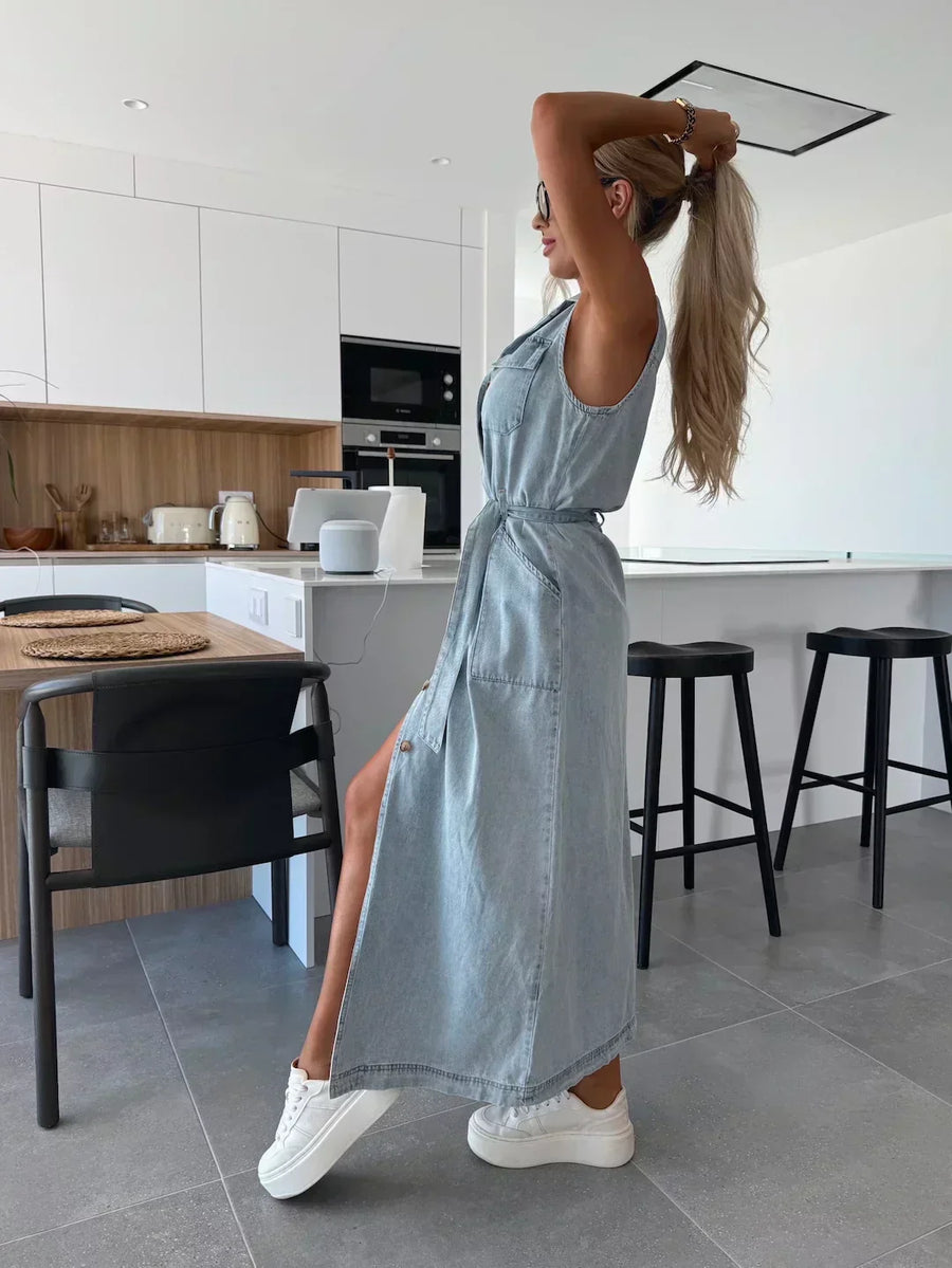 Cressida | Elegantes Fließendes Denim-Maxikleid