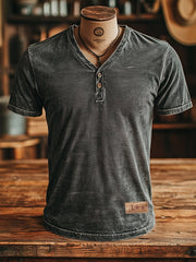 Herren-T-Shirt im Vintage-Stil klassisch Aus Gewaschenem Leder Mit V-Ausschnitt Und Knopfleiste Kurze Ärmel