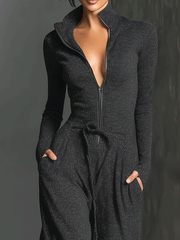 Glitzernder Strick-Jumpsuit mit weitem Bein für Damen | Reißverschluss vorne