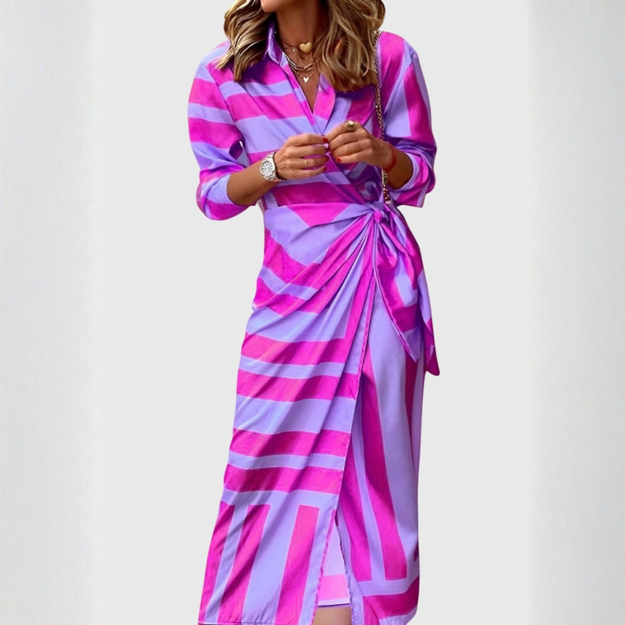Gudrun | Damen Gestreiftes Wickel Midi Kleid