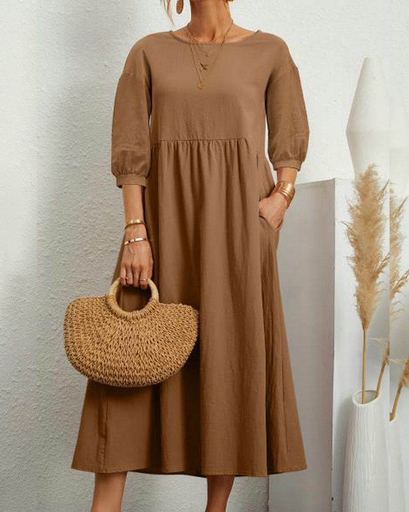 Damen Midikleid mit Rundhalsausschnitt und Taschen