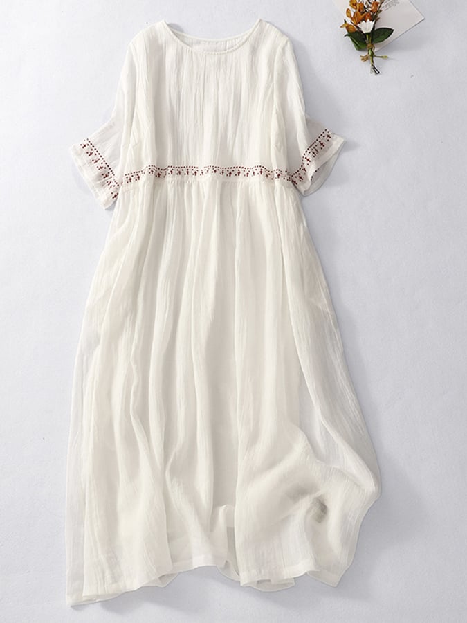 Helene | Damen Besticktes Baumwoll-Leinen Kleid