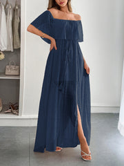 Langes Damen Kleid Plumeti Chiffon Bardot Ausschnitt - Julieta