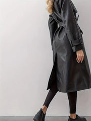 Edith | Damen Langer Gürtetragender Kunstleder Trenchcoat