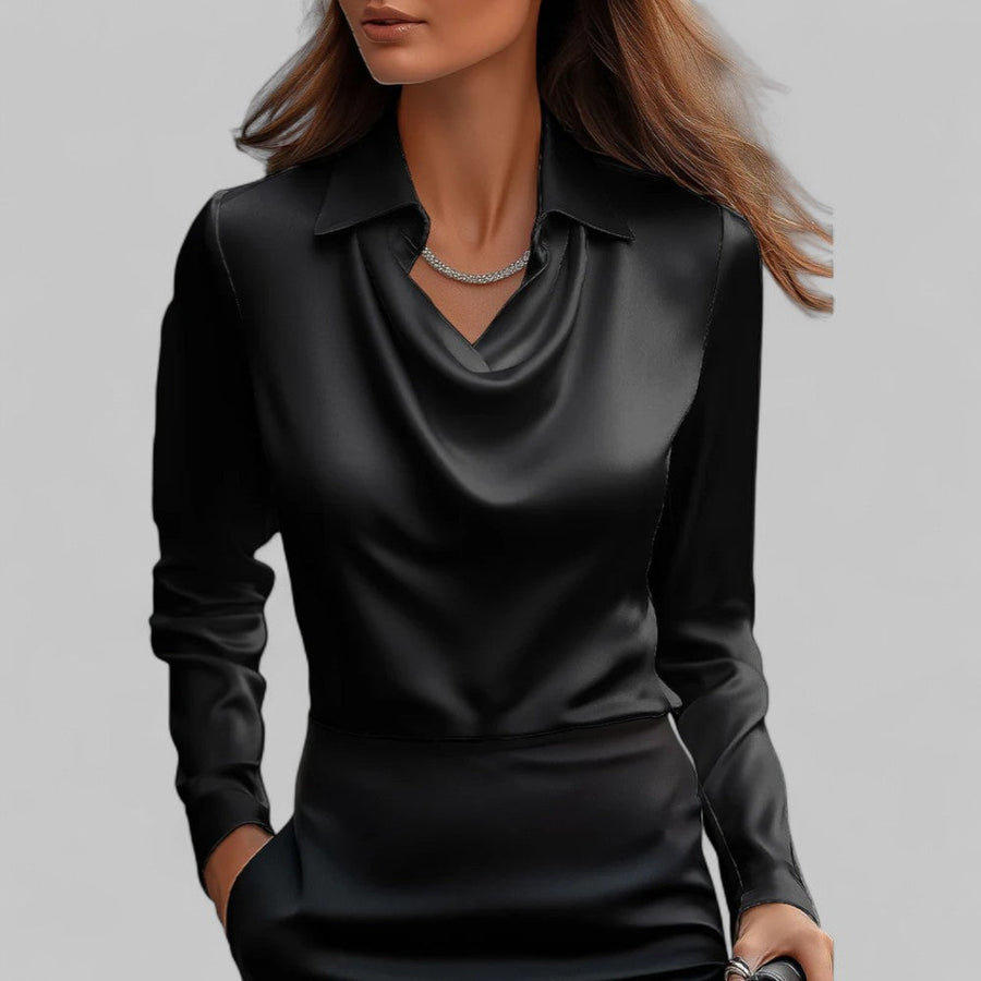 Daniela | Dames Satijnen Blouse met Watervalhals en Lange Mouwen