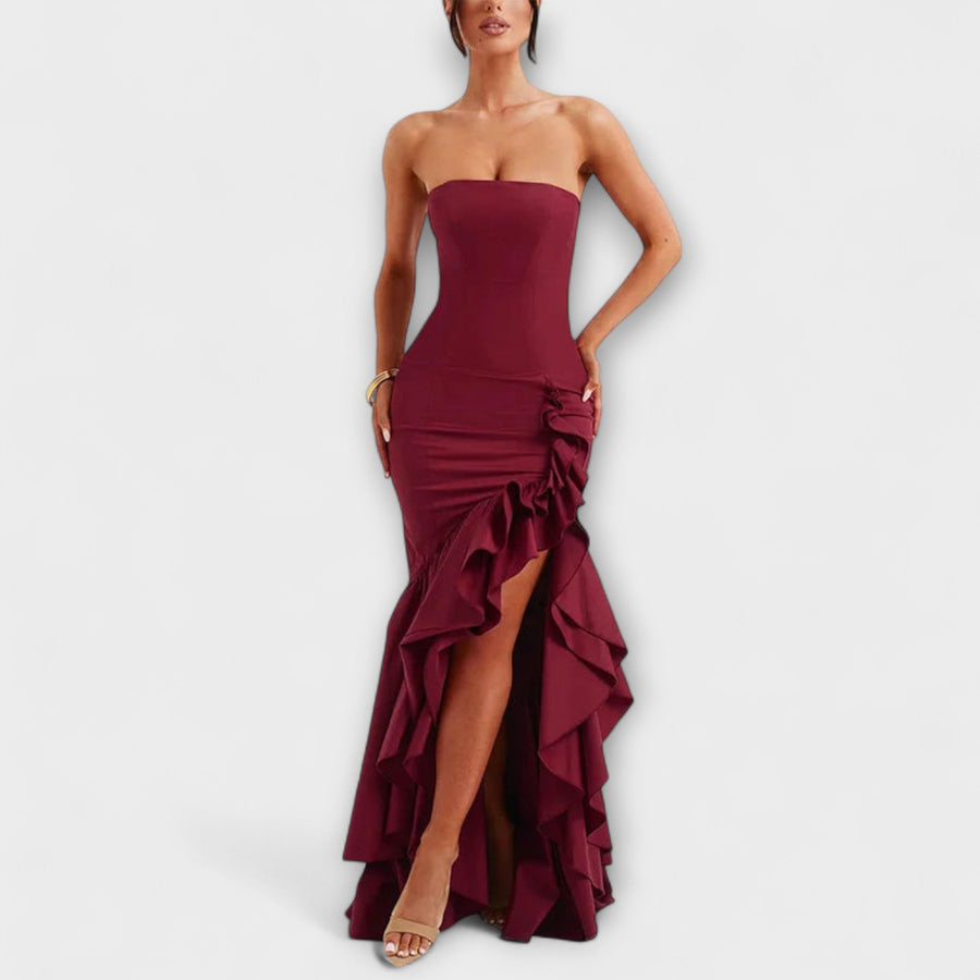 Zuri - Asymmetrisches Off-Shoulder Maxi-Kleid in Slim Fit