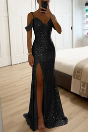 Heidi-Mode | Paillettenspitze Meerjungfrau Abschlussballkleider mit Schlitz Off-Shoulder Abendkleid