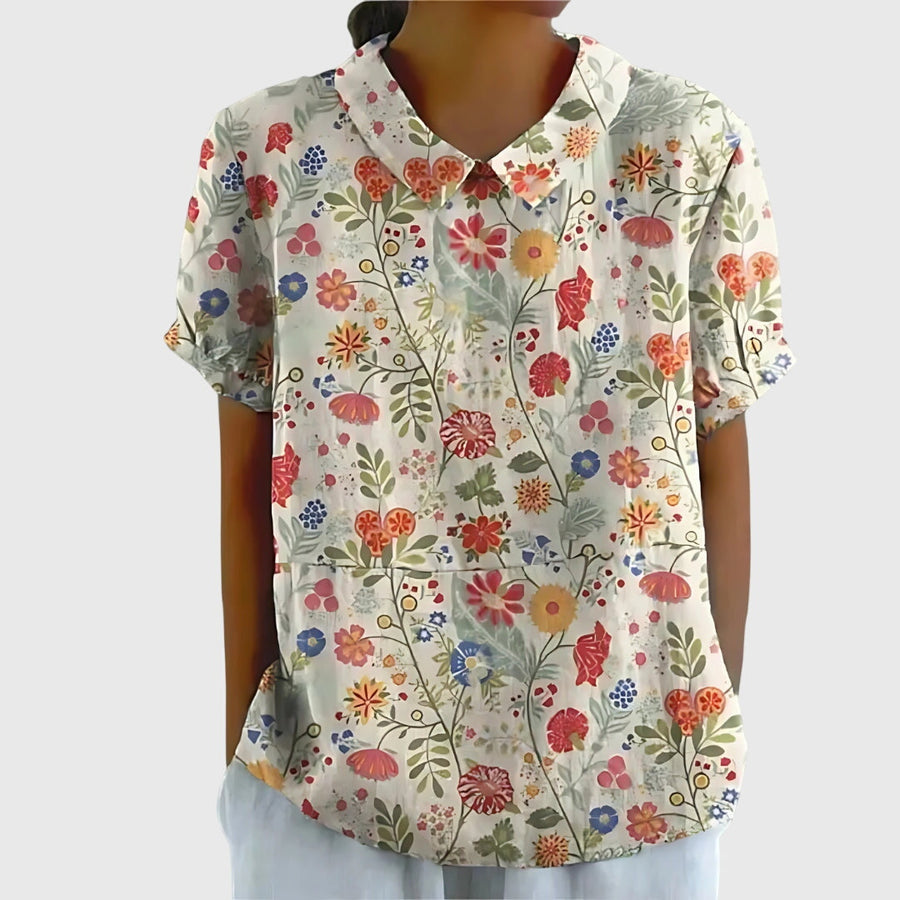 Elke | Damen Blumen Kragen Kurzarm Bluse