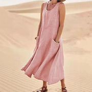 Heidi Mode | Ärmelloses Kleid aus Baumwolle und Leinen mit Rundhalsausschnitt und Tasche