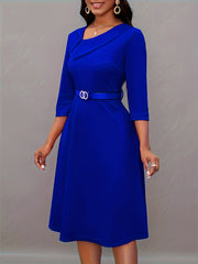 Heidi-Mode | Einfarbige Asymmetrische Halsgürtel 3/4 Ärmel Festliches Kleid Für Frauen - Ideal Für Alle Jahreszeiten