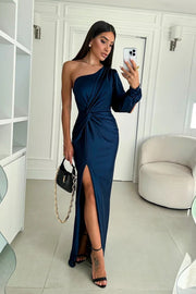 Damen Satin Abendkleid One-Shoulder mit Schlitz – Elegantes Kleid für Party & Anlass