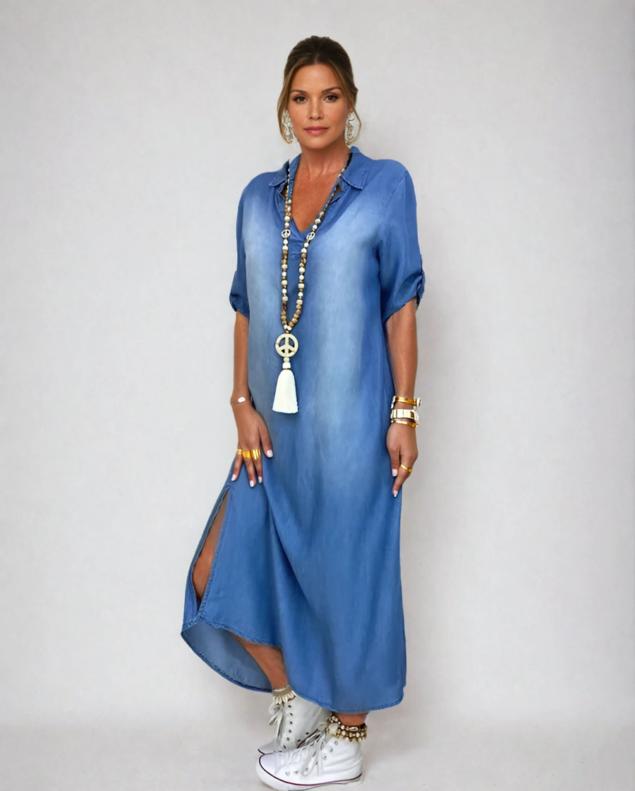 Lea | Langes Kleid im Jeans-Look mit Seitenschlitz