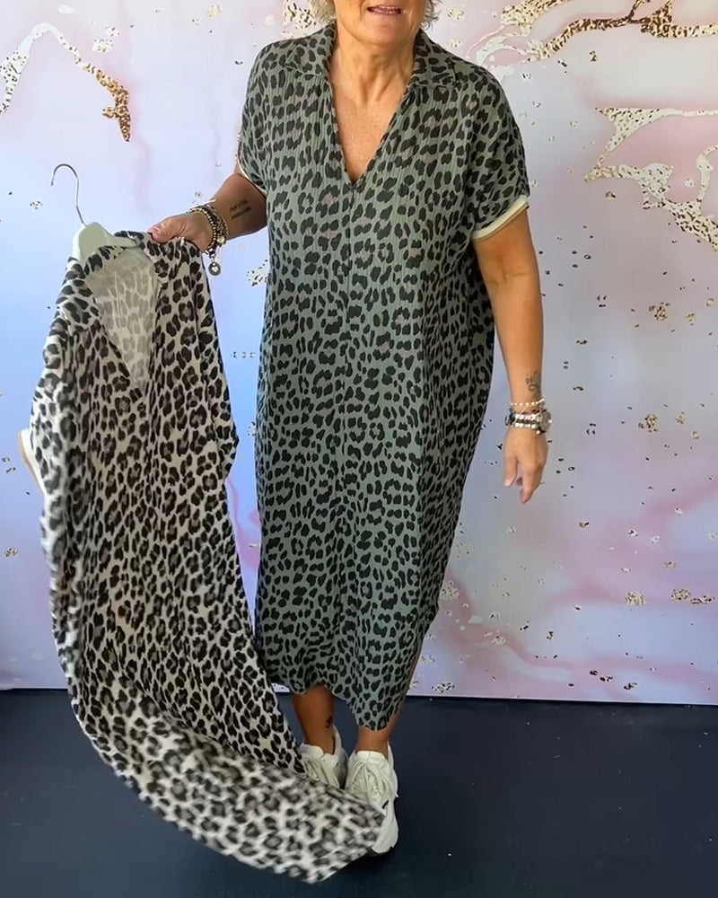 Heidi-Mode | Entspanntes Kleid mit V-Ausschnitt und Leopardenmuster für Damen