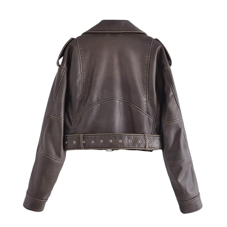 Heidi-Mode | Damen PU Motorradjacke mit Reißverschluss und Gürtel