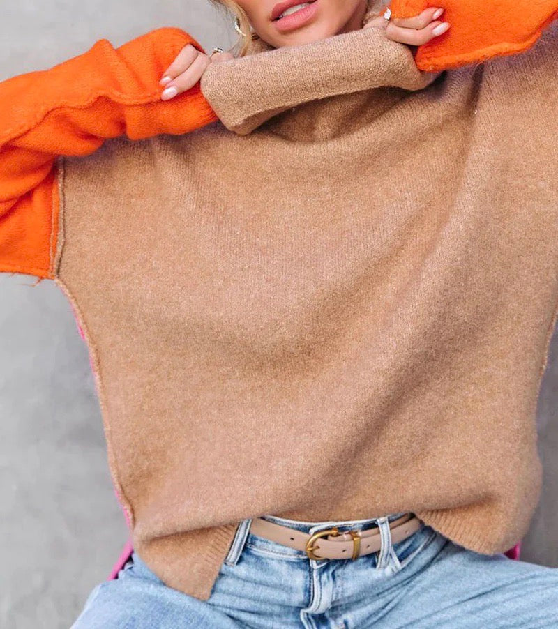 Damen Farbblock Rollkragenpullover | Gemütlich