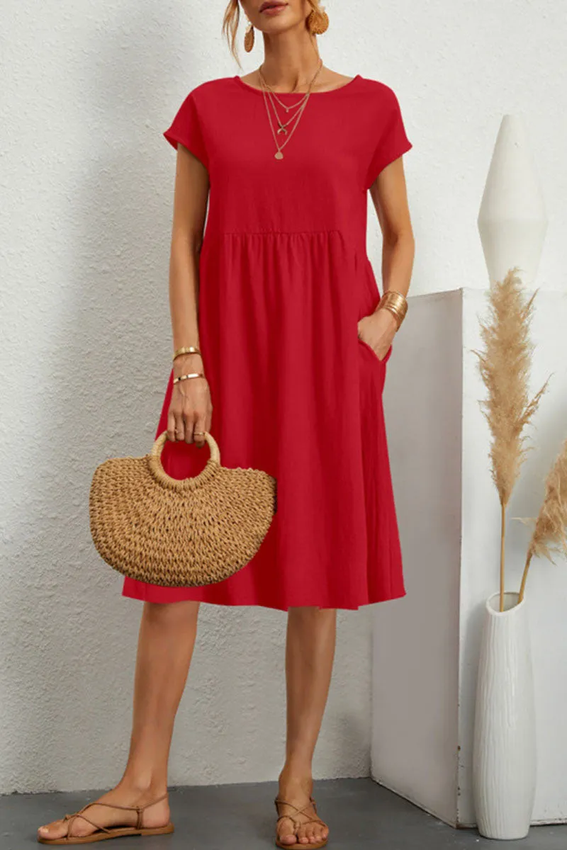 Meli - unifarbenes, lässiges kleid mit kurzen Ärmeln und rundhalsausschnitt