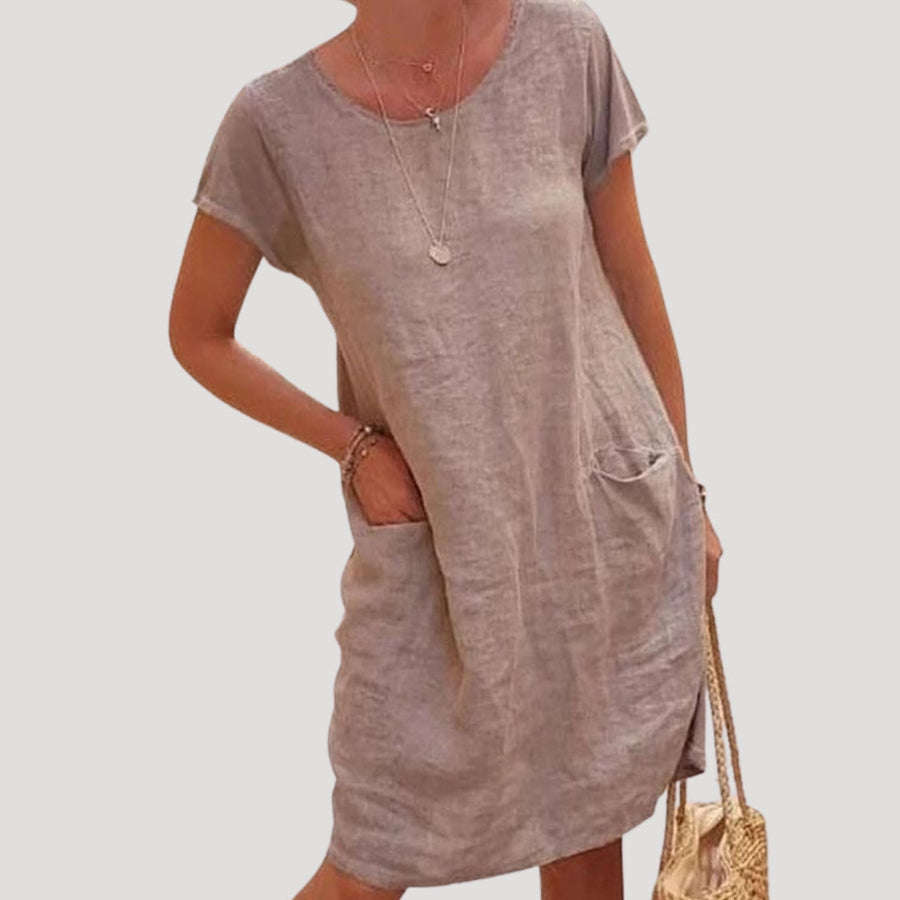 Damen-Leinenkleid in Midi-Länge mit kurzen Ärmeln
